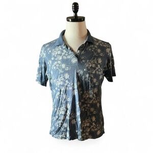 Bobby Chan Women's Blue Floral Silk Cotton Blend Polo Shirt Large Short Sleeve